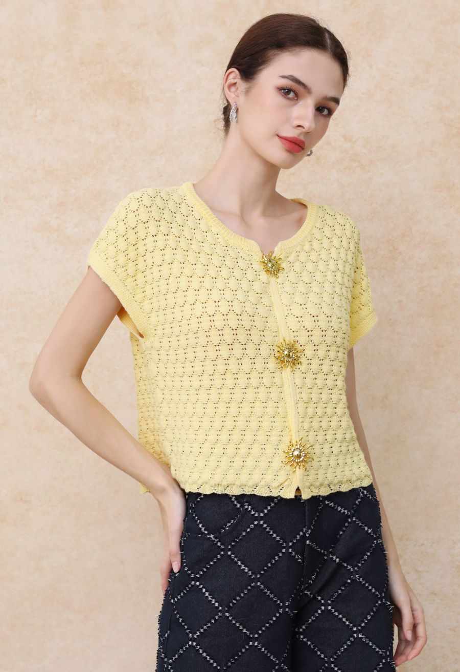 Sun-Inspired Button Pointelle Knit Top in Yellow