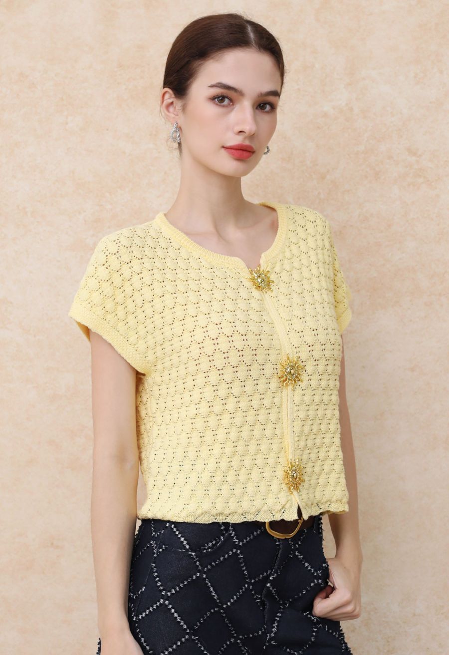 Sun-Inspired Button Pointelle Knit Top in Yellow