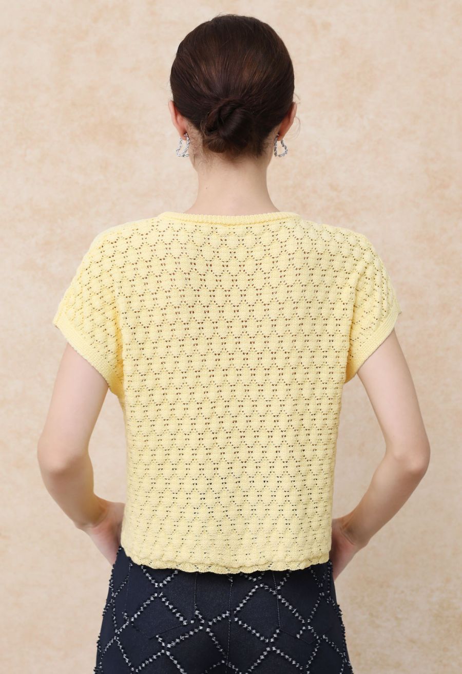 Sun-Inspired Button Pointelle Knit Top in Yellow