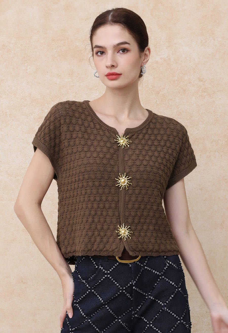 Sun-Inspired Button Pointelle Knit Top in Brown