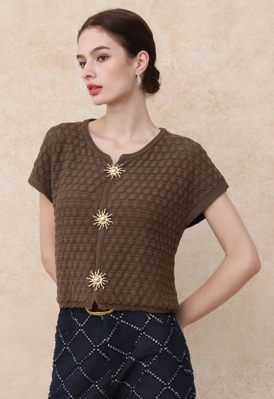 Sun-Inspired Button Pointelle Knit Top in Brown