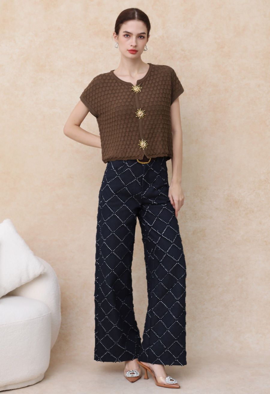 Fringed Grid Belted Straight-Leg Jeans in Navy