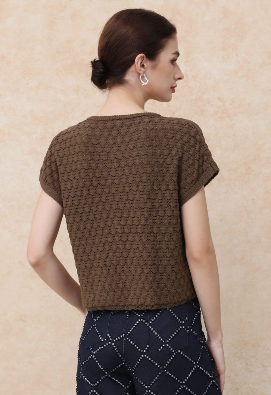 Sun-Inspired Button Pointelle Knit Top in Brown