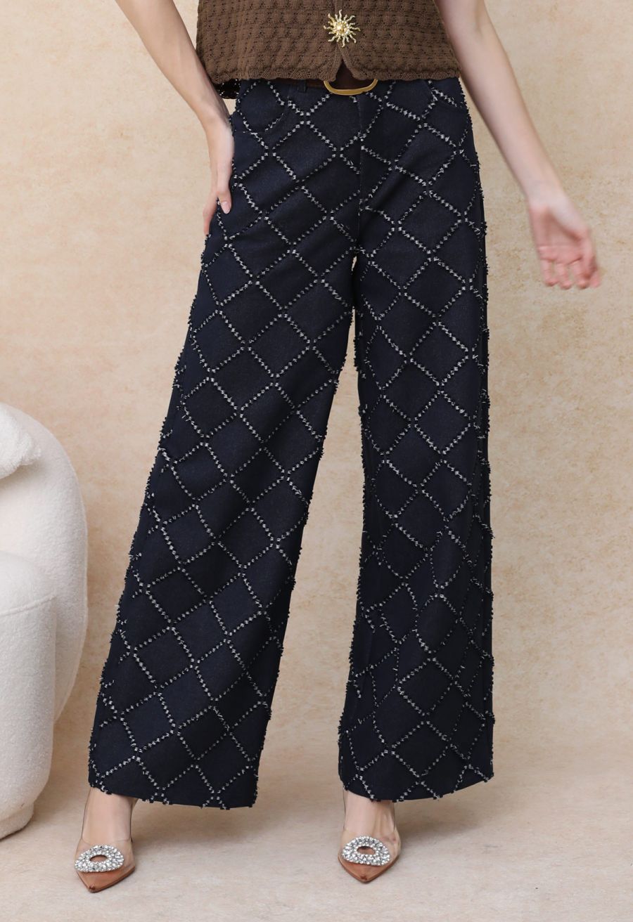 Fringed Grid Belted Straight-Leg Jeans in Navy