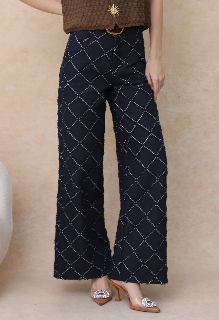 Fringed Grid Belted Straight-Leg Jeans in Navy
