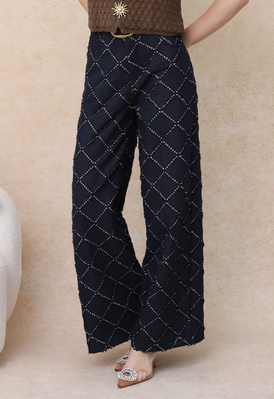 Fringed Grid Belted Straight-Leg Jeans in Navy