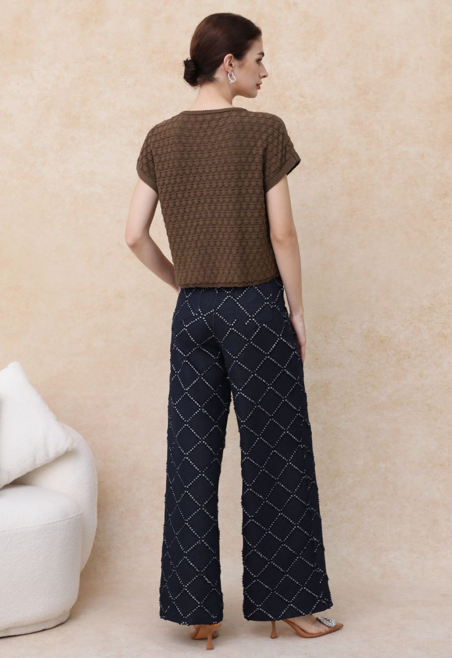 Fringed Grid Belted Straight-Leg Jeans in Navy
