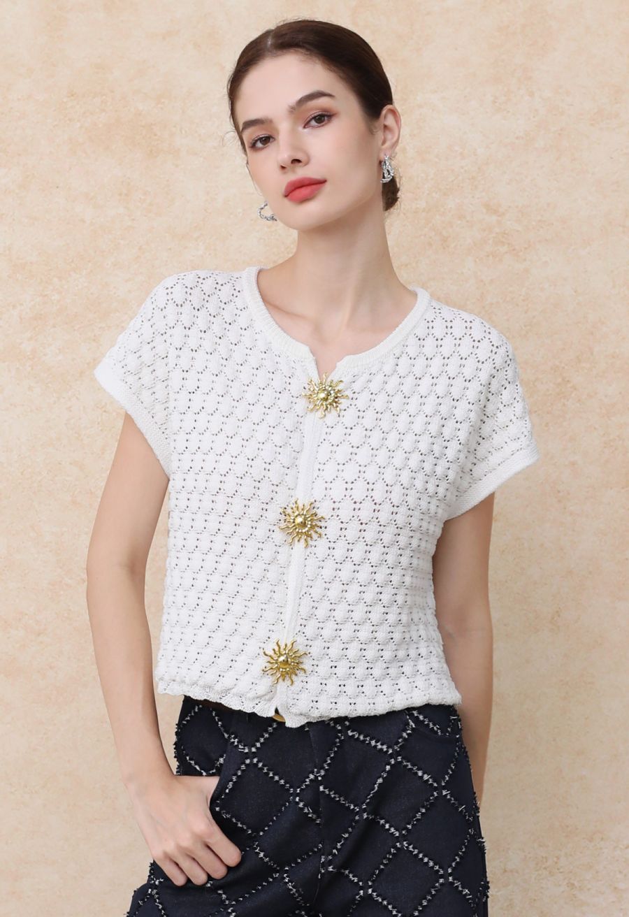 Sun-Inspired Button Pointelle Knit Top in White