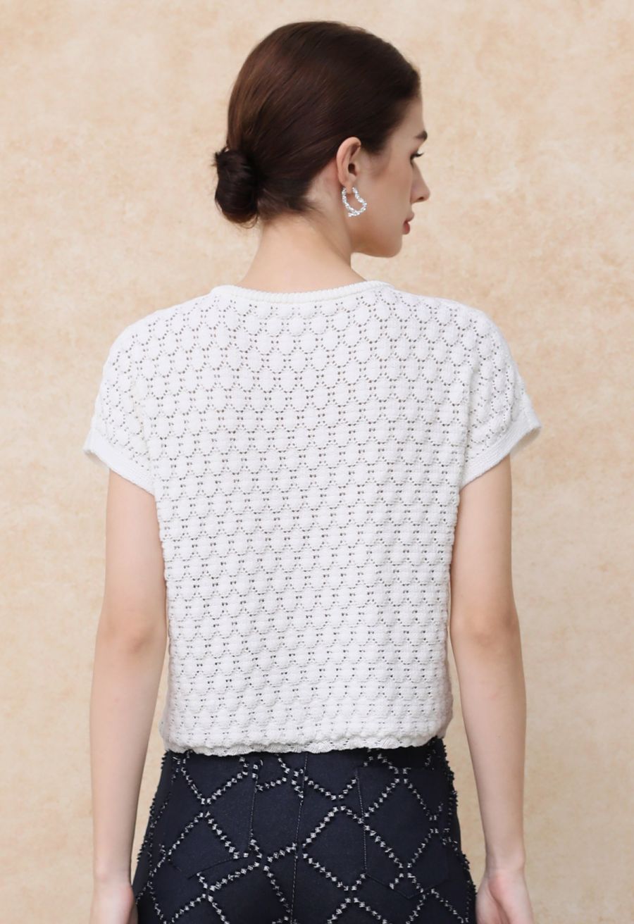 Sun-Inspired Button Pointelle Knit Top in White