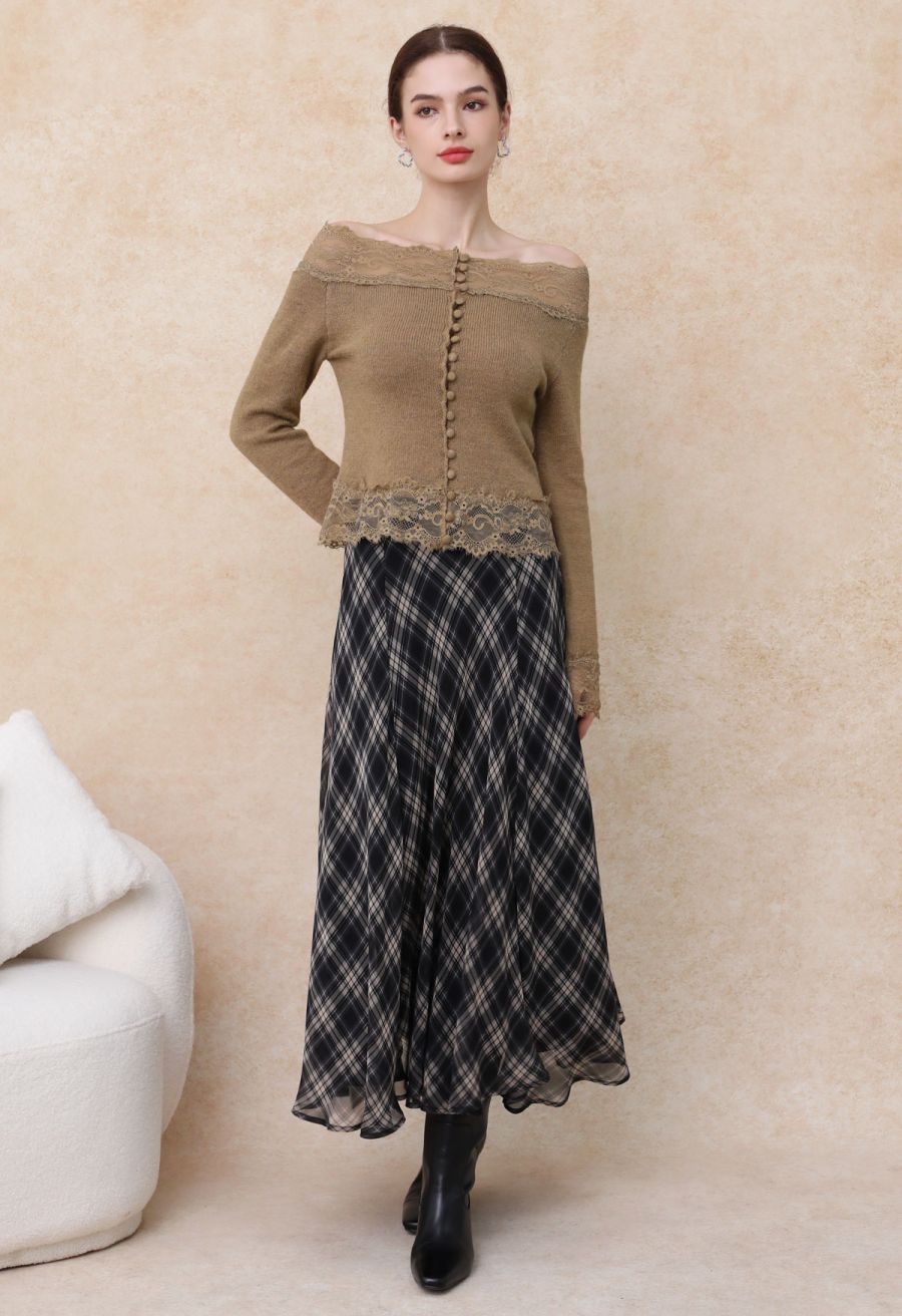 Flowy Plaid Panel Chiffon Flare Maxi Skirt in Black