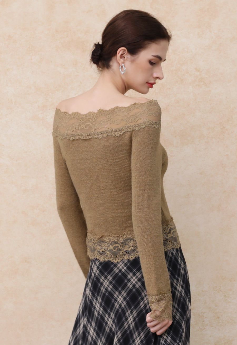 Off-Shoulder Lace Trim Button Knit Top in Tan