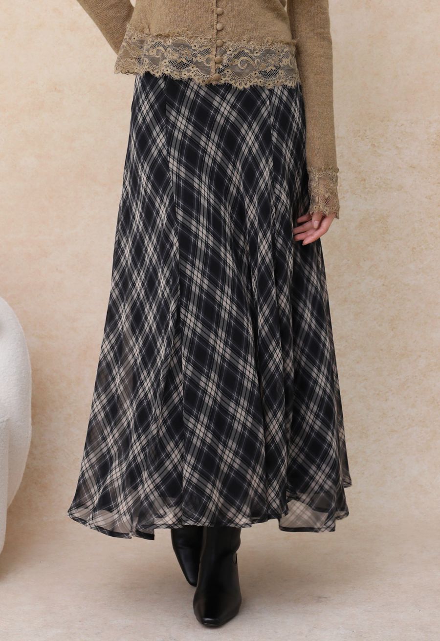 Flowy Plaid Panel Chiffon Flare Maxi Skirt in Black