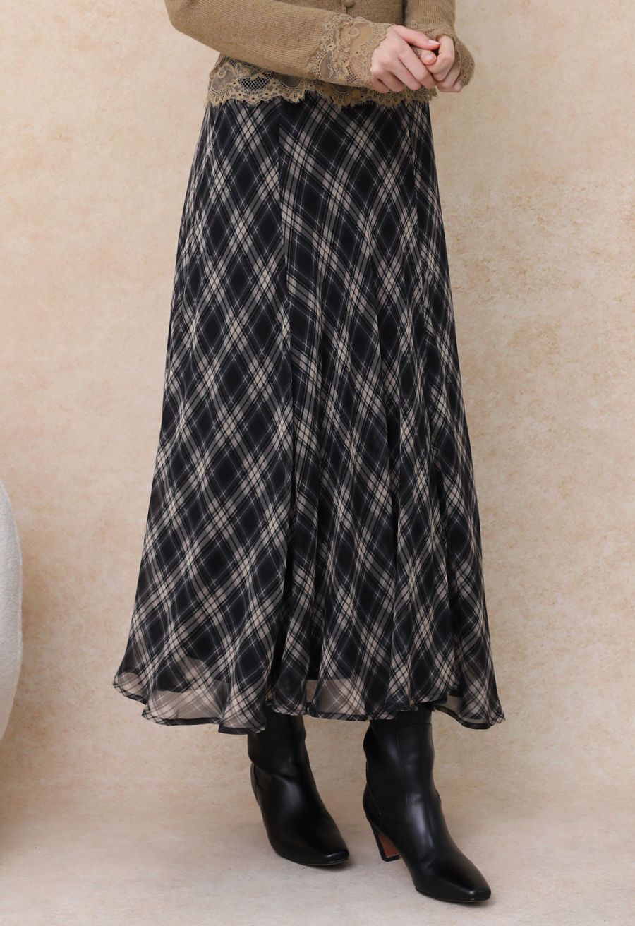 Flowy Plaid Panel Chiffon Flare Maxi Skirt in Black