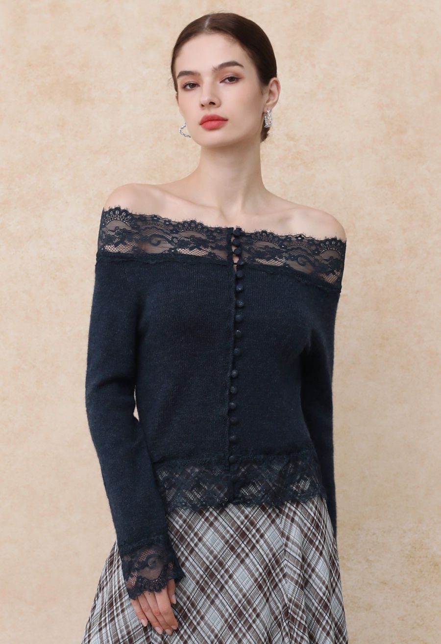 Off-Shoulder Lace Trim Button Knit Top in Navy