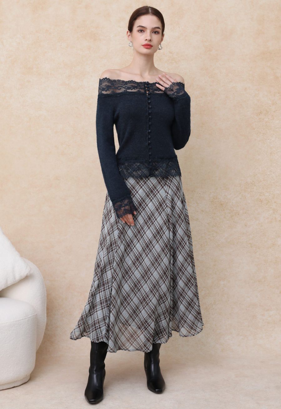 Flowy Plaid Panel Chiffon Flare Maxi Skirt in Blue