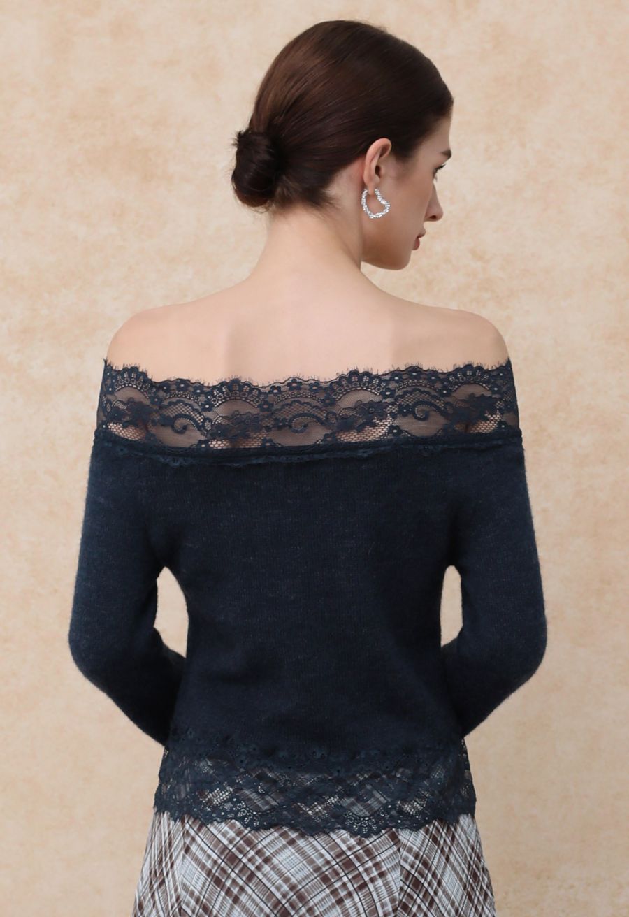 Off-Shoulder Lace Trim Button Knit Top in Navy