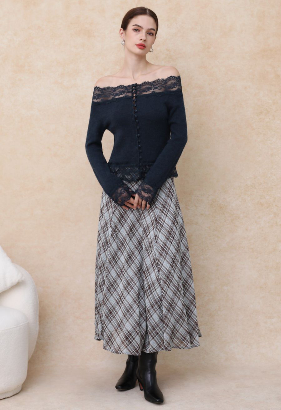 Flowy Plaid Panel Chiffon Flare Maxi Skirt in Blue