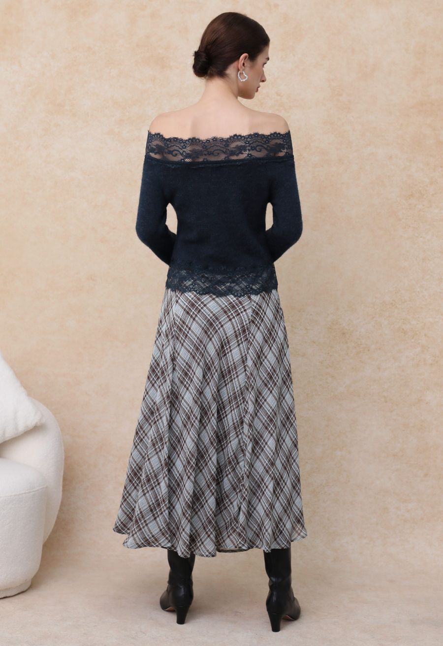 Flowy Plaid Panel Chiffon Flare Maxi Skirt in Blue