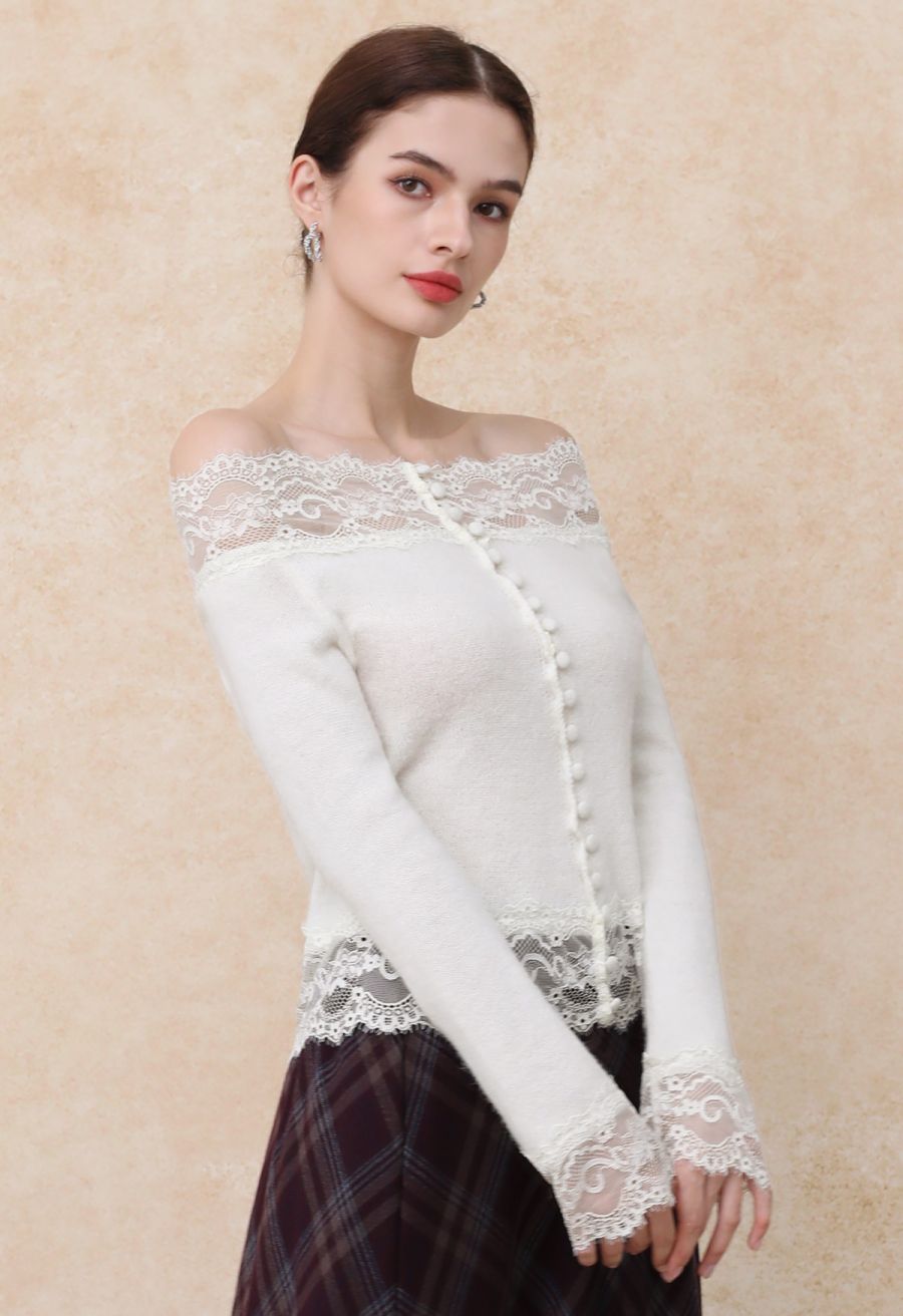Off-Shoulder Lace Trim Button Knit Top in Cream