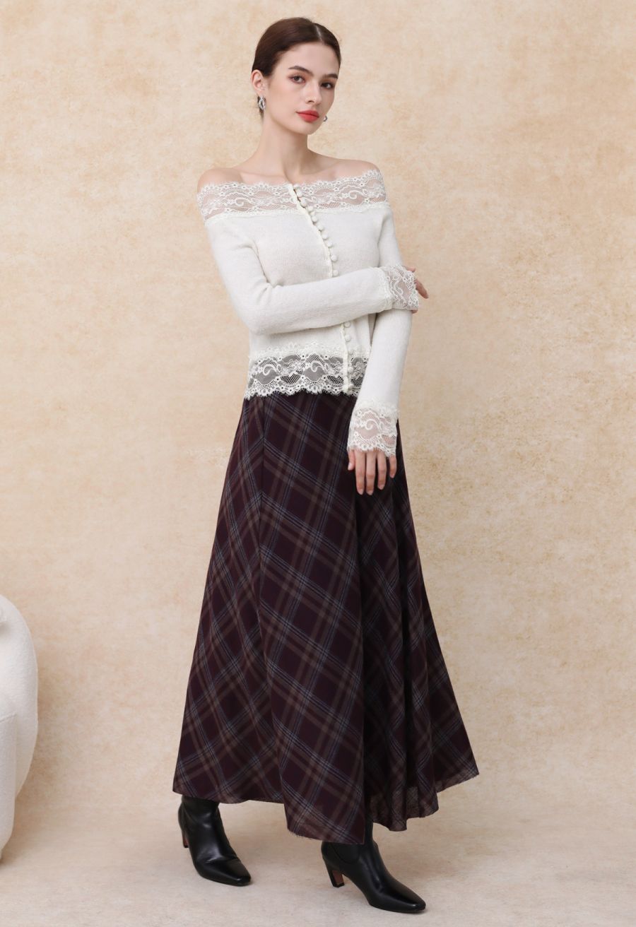 Off-Shoulder Lace Trim Button Knit Top in Cream