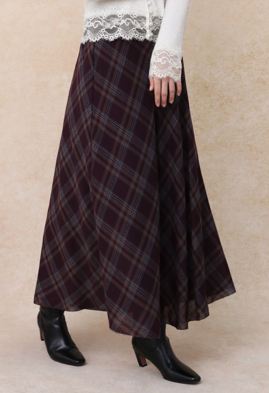 Plaid Charm Half Elasticated Waistband Maxi Skirt in Plum