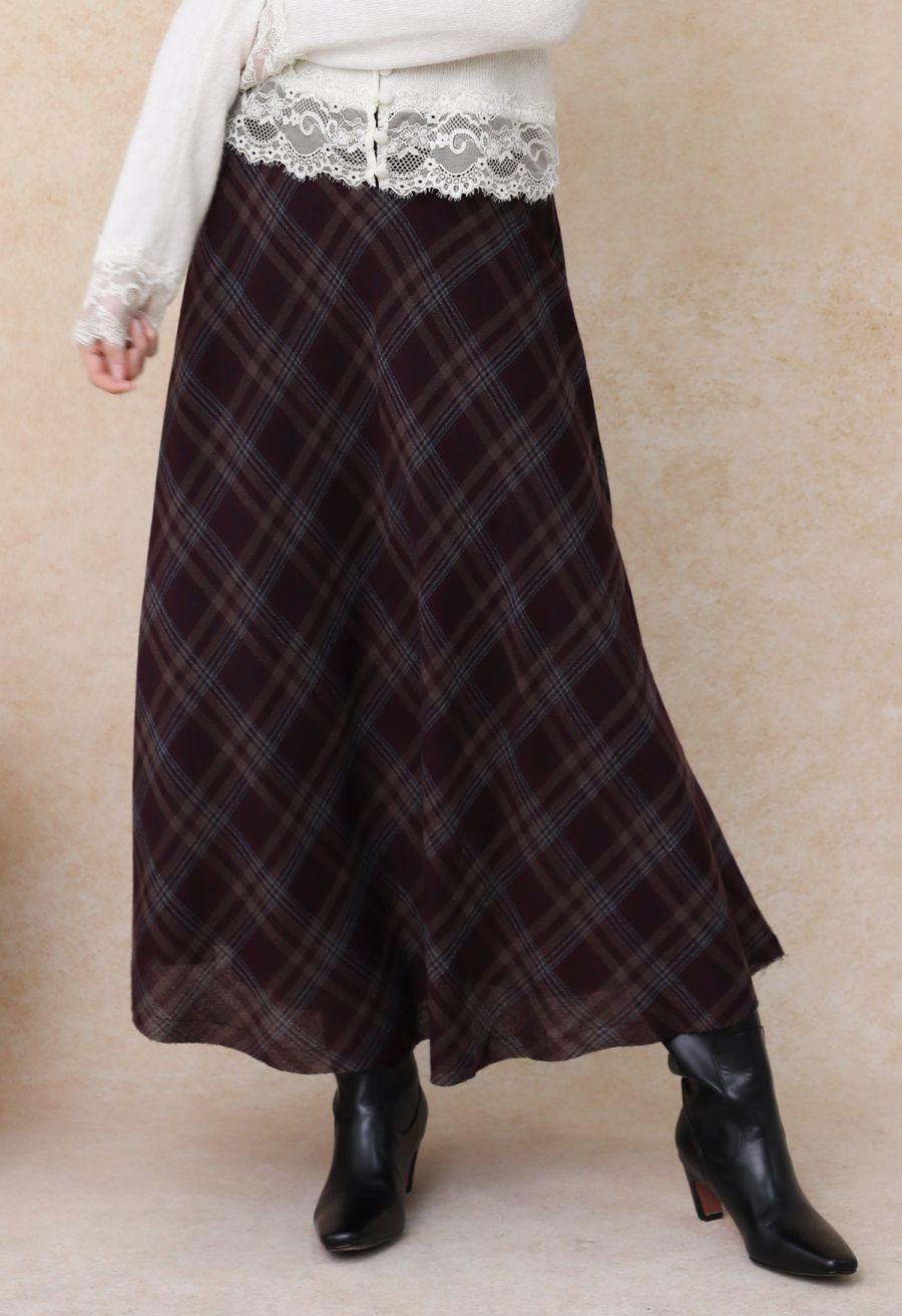 Plaid Charm Half Elasticated Waistband Maxi Skirt in Plum