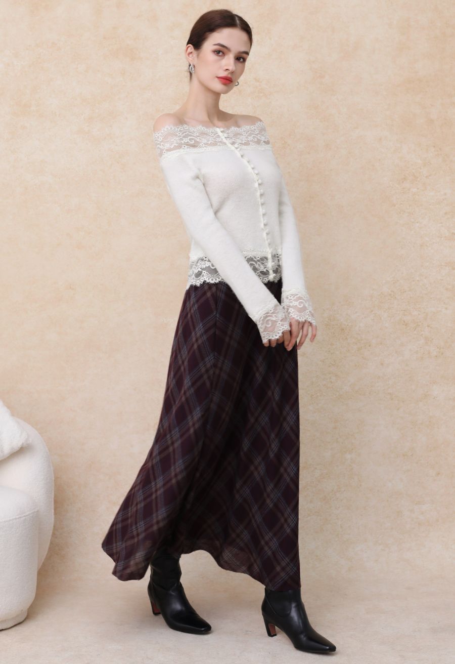 Plaid Charm Half Elasticated Waistband Maxi Skirt in Plum