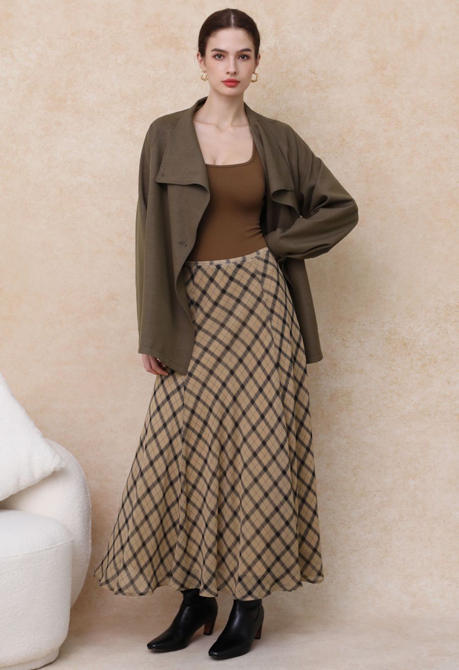 Flowy Plaid Panel Chiffon Flare Maxi Skirt in Tan