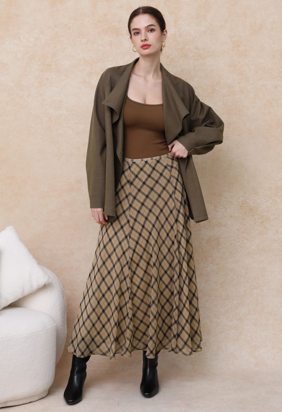 Flowy Plaid Panel Chiffon Flare Maxi Skirt in Tan