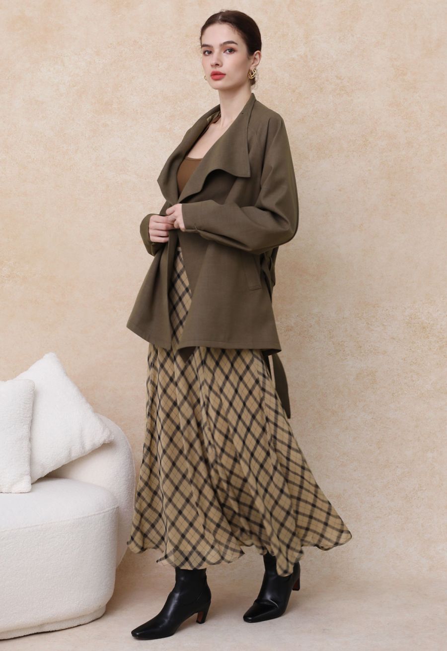 Flowy Plaid Panel Chiffon Flare Maxi Skirt in Tan