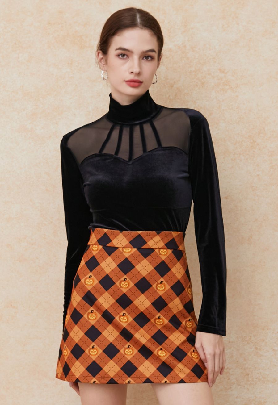 Mock Neck Mesh Spliced Velvet Top