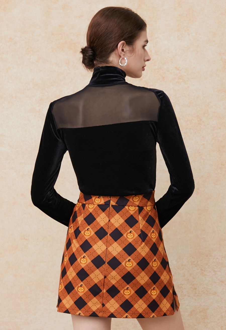 Mock Neck Mesh Spliced Velvet Top
