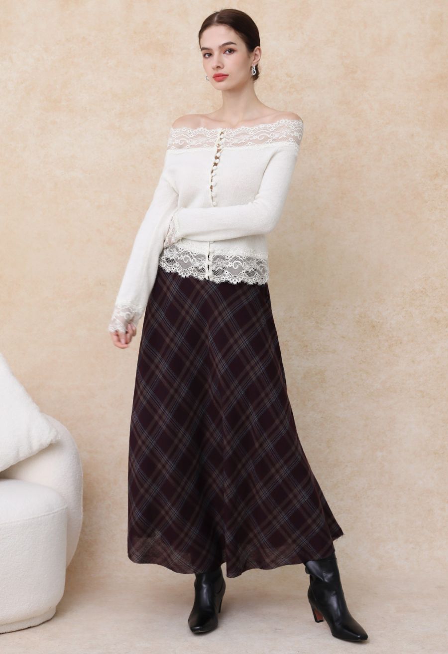Plaid Charm Half Elasticated Waistband Maxi Skirt in Plum