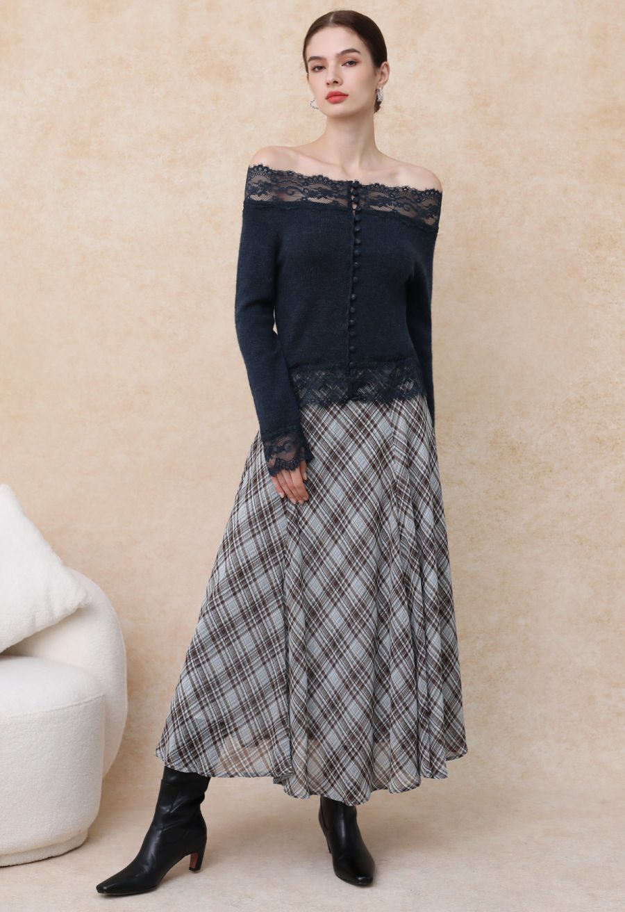 Flowy Plaid Panel Chiffon Flare Maxi Skirt in Blue