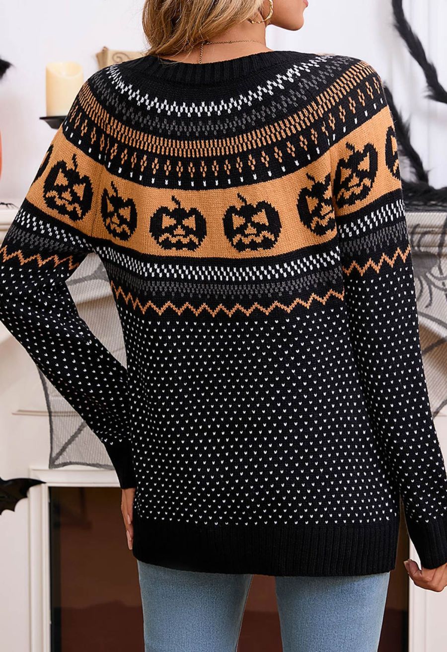 Jack-O'-Lantern Fair Isle Knit Sweater in Black