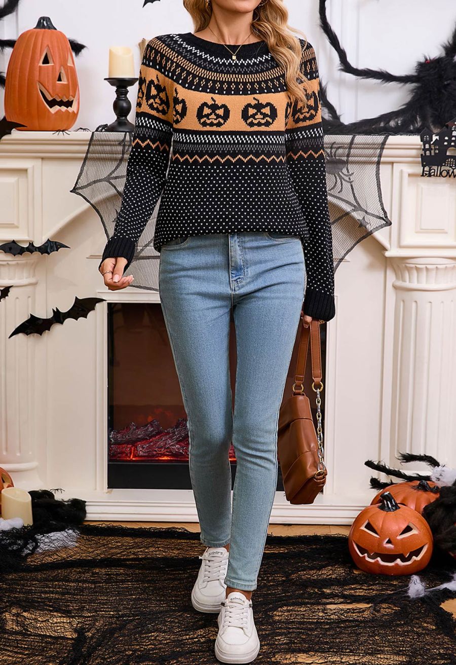 Jack-O'-Lantern Fair Isle Knit Sweater in Black