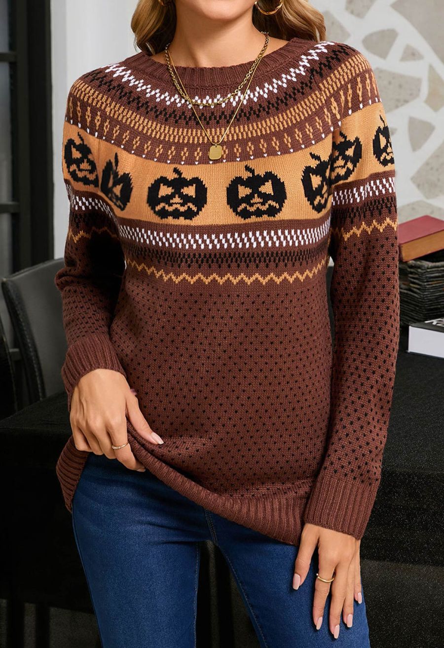 Jack-O'-Lantern Fair Isle Knit Sweater in Brown