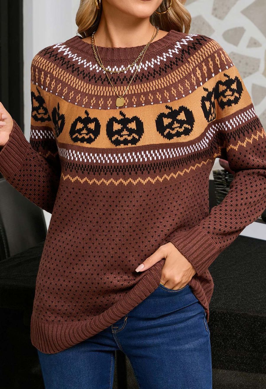 Jack-O'-Lantern Fair Isle Knit Sweater in Brown