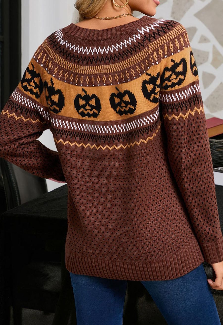 Jack-O'-Lantern Fair Isle Knit Sweater in Brown