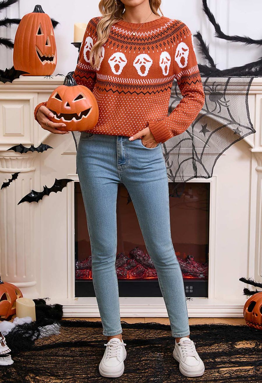Ghoulish Skull Fair Isle Knit Sweater in Orange