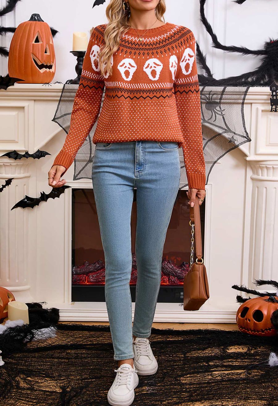 Ghoulish Skull Fair Isle Knit Sweater in Orange