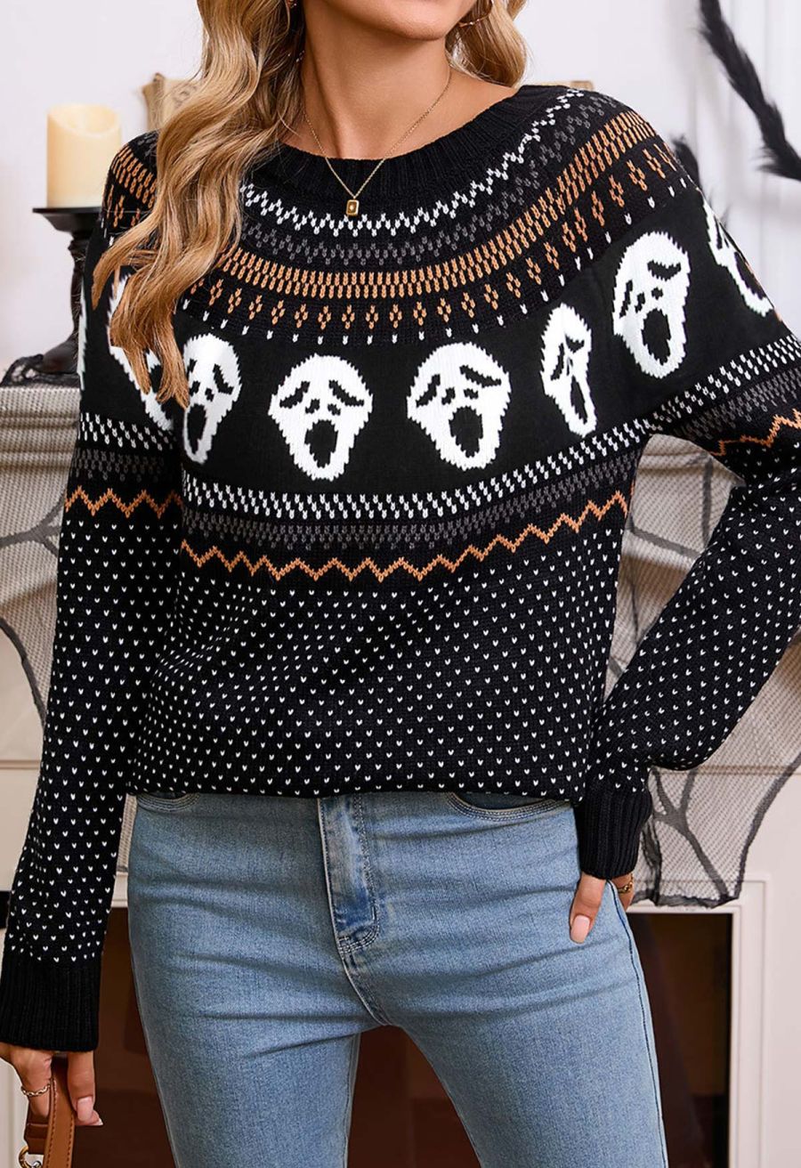Ghoulish Skull Fair Isle Knit Sweater in Black