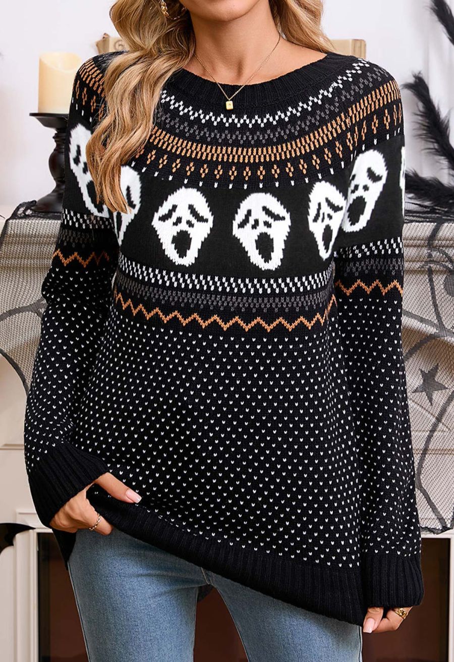 Ghoulish Skull Fair Isle Knit Sweater in Black