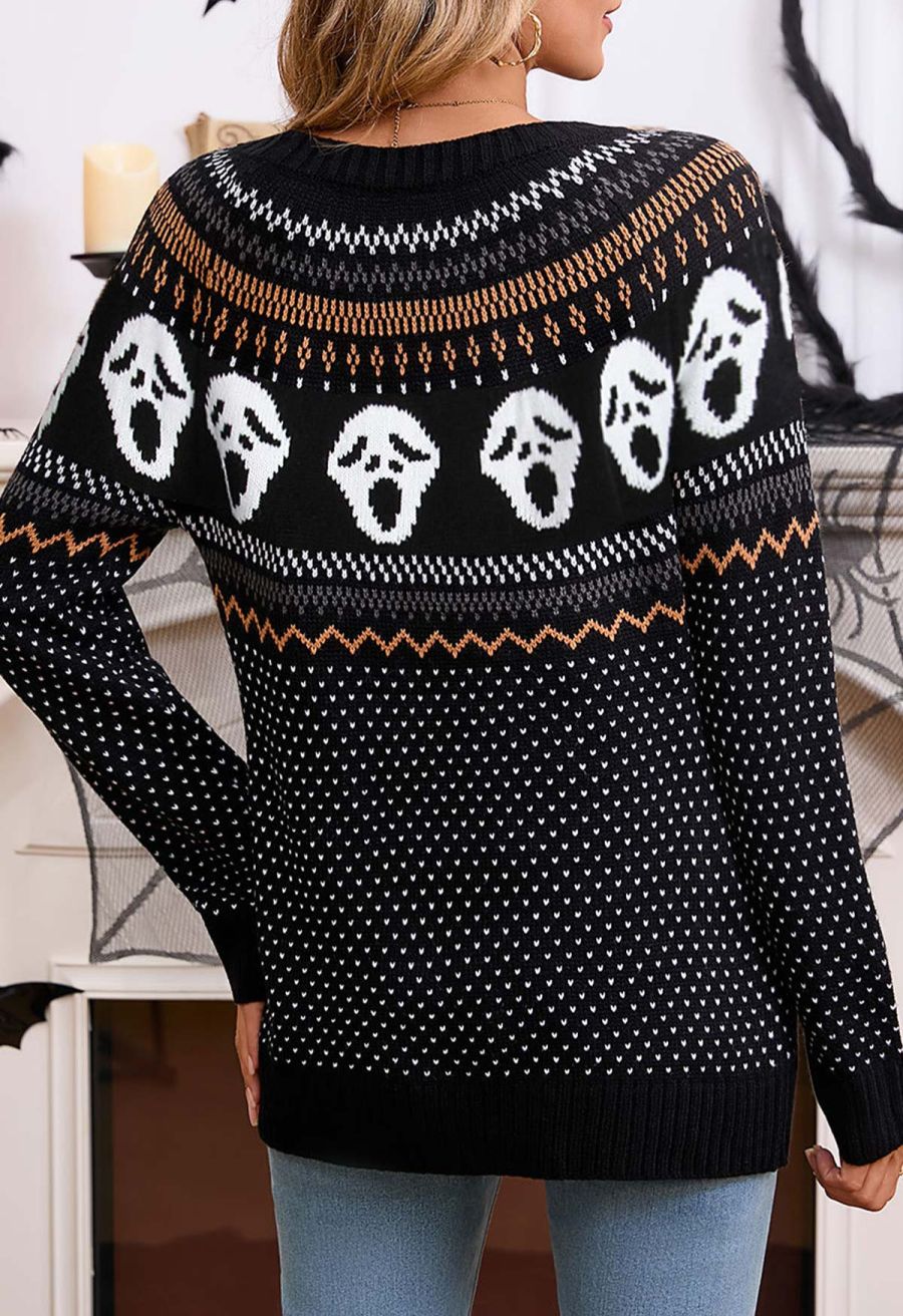 Ghoulish Skull Fair Isle Knit Sweater in Black
