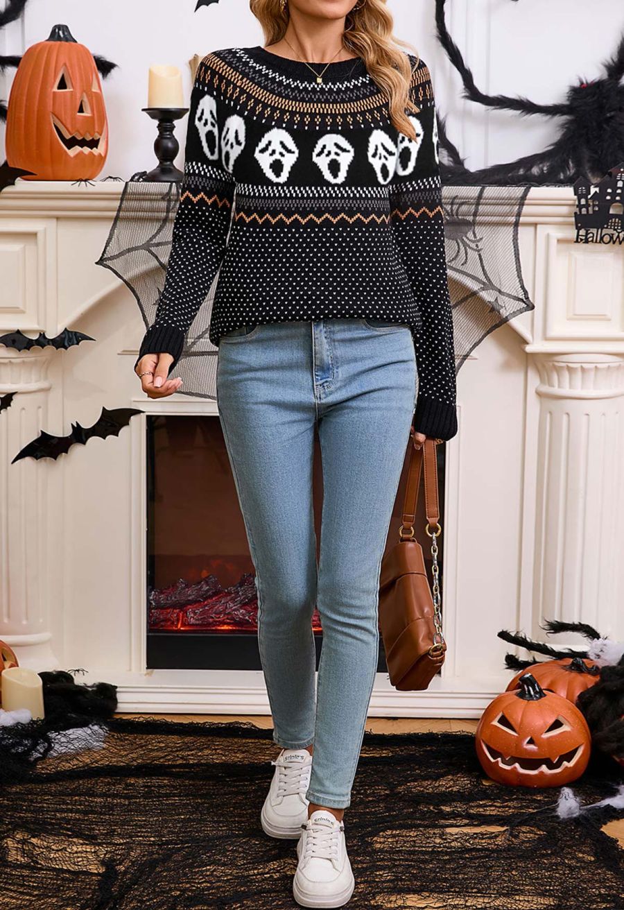 Ghoulish Skull Fair Isle Knit Sweater in Black