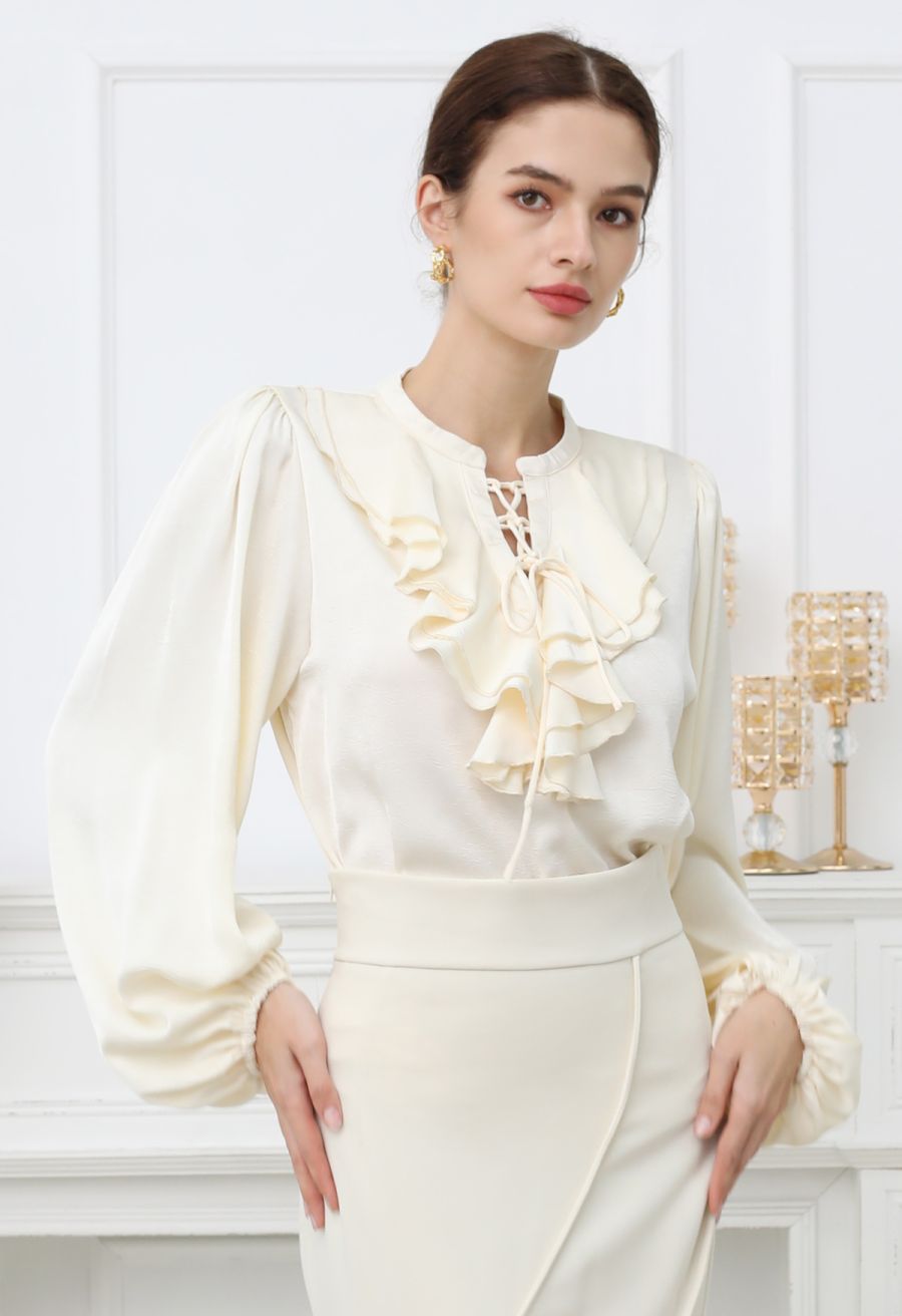 Tiered Ruffle Bubble Sleeve Textured Satin Top in Cream