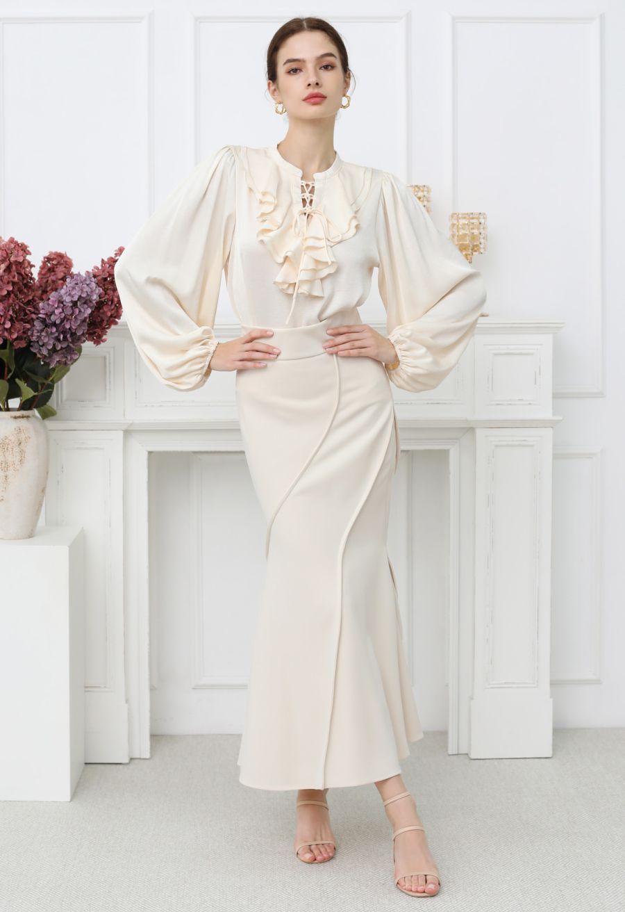 Tiered Ruffle Bubble Sleeve Textured Satin Top in Cream