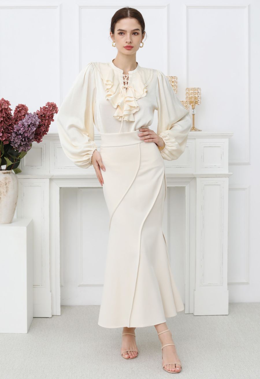 Tiered Ruffle Bubble Sleeve Textured Satin Top in Cream