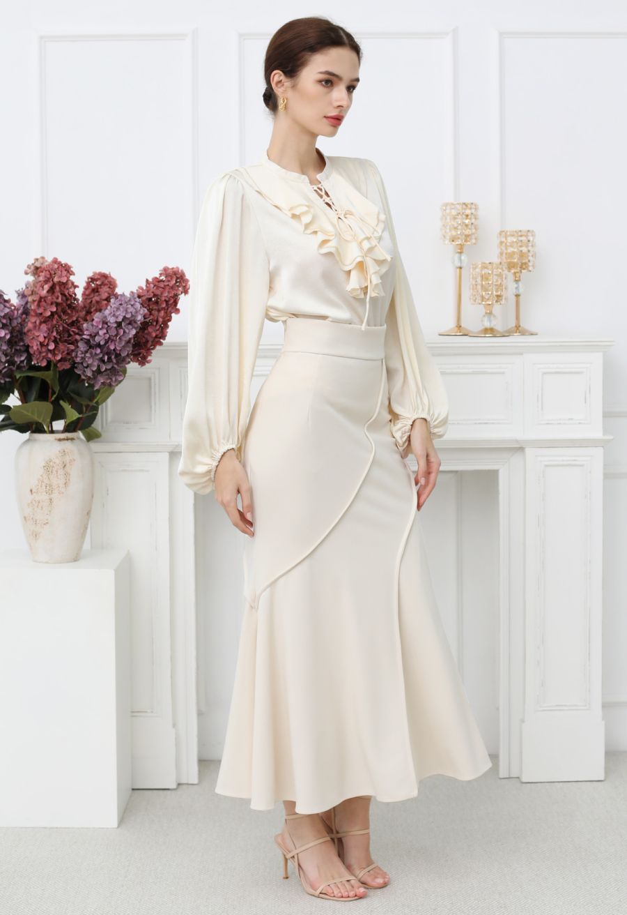 Tiered Ruffle Bubble Sleeve Textured Satin Top in Cream