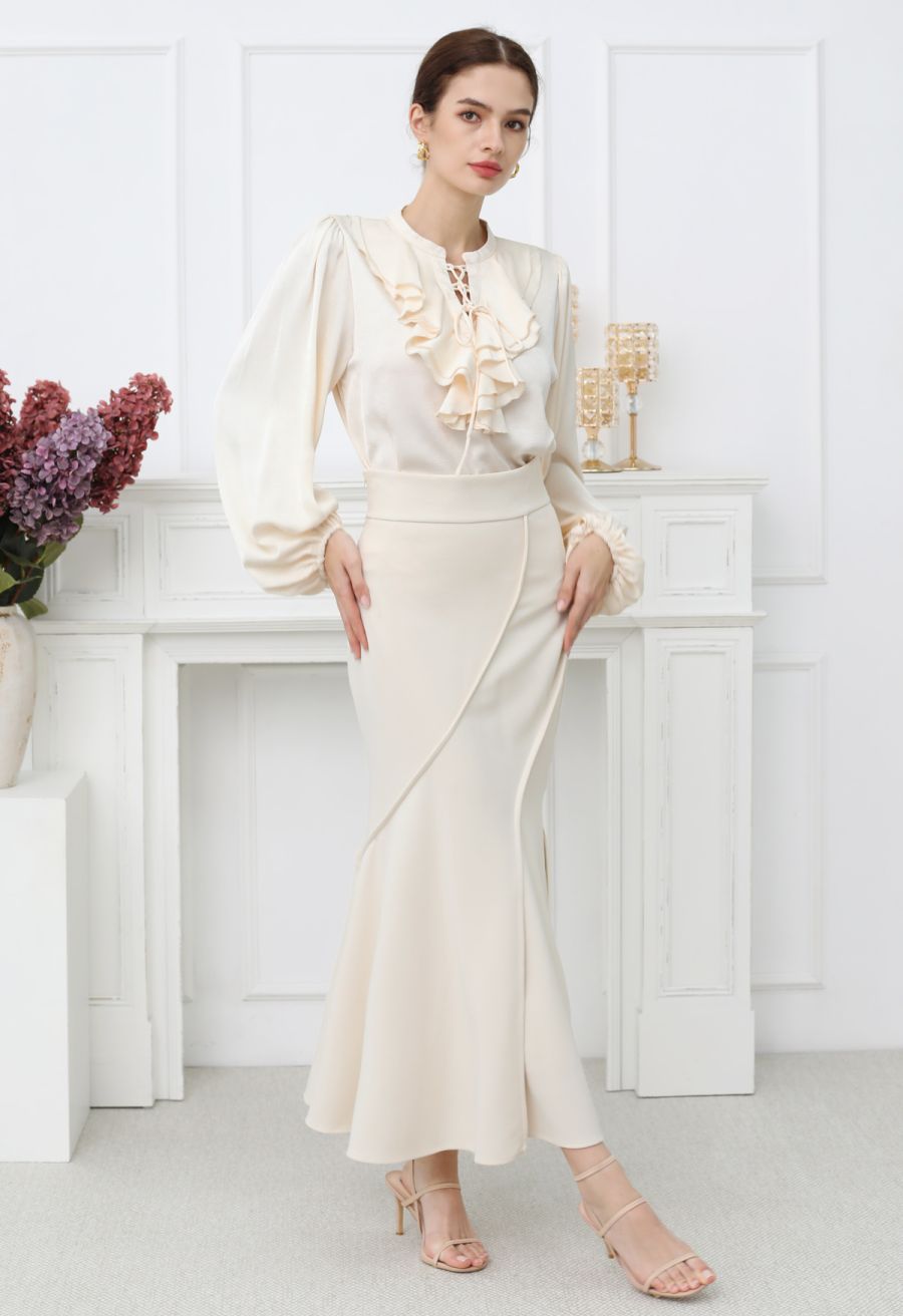 Tiered Ruffle Bubble Sleeve Textured Satin Top in Cream